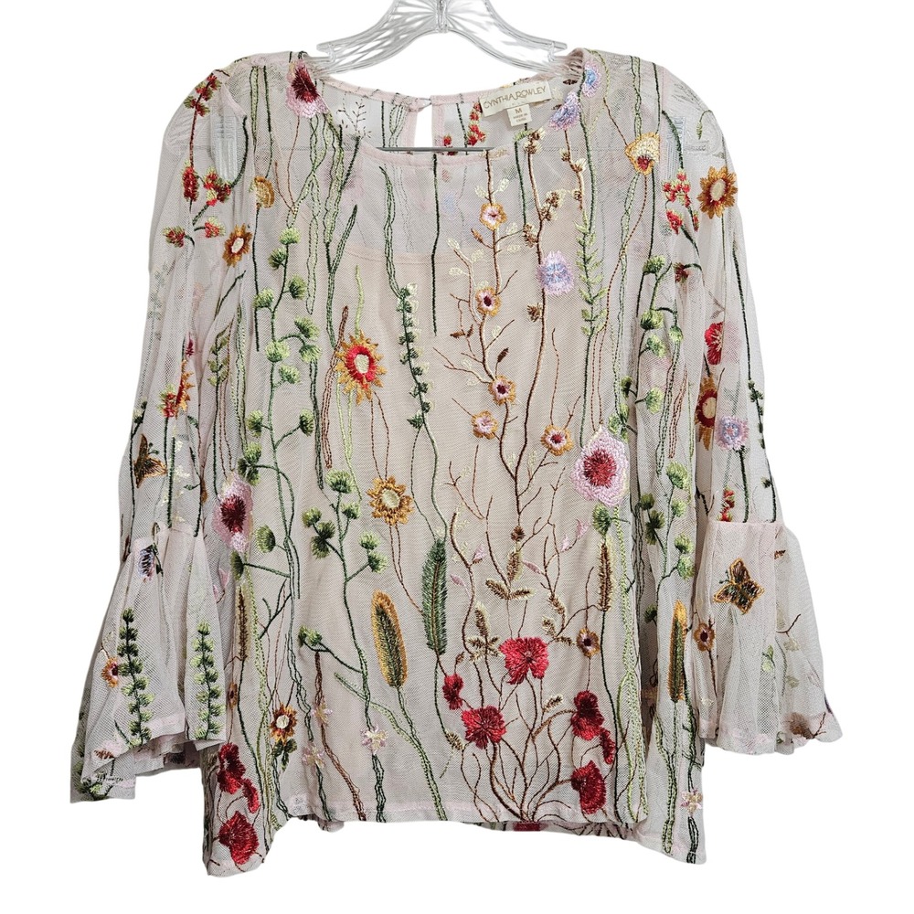Fairycore Cottagecore Whimsical Boho Butterfly Embroidered Mesh Blouse Women Med - Picture 1 of 11
